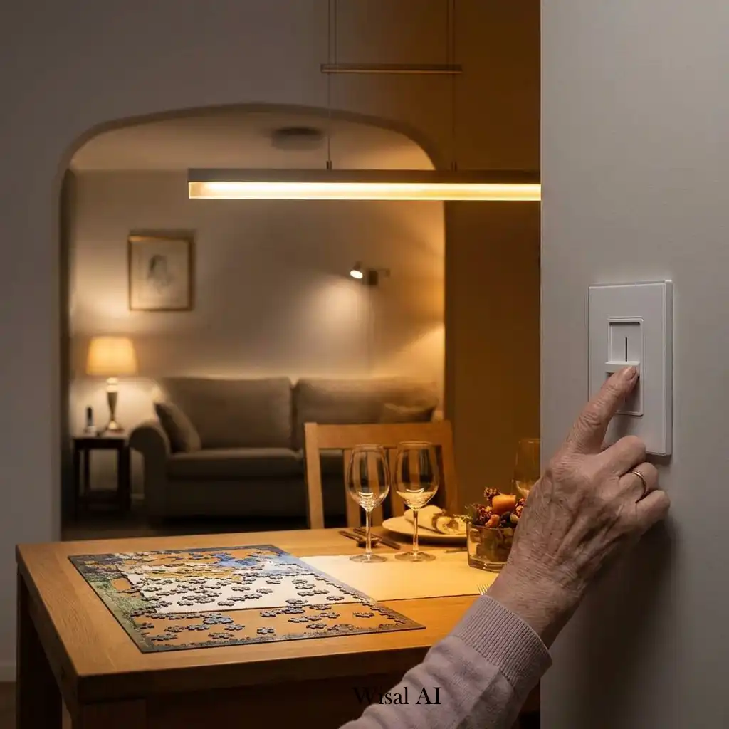 Elegant home illuminated with layered lighting including table lamps, floor lamps, and warm ambient light.