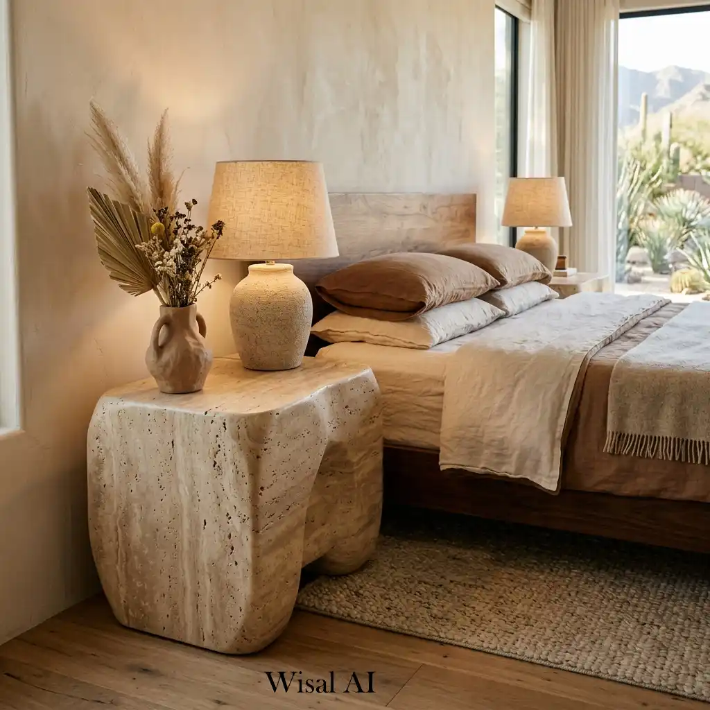 Travertine nightstand beside organic luxury bed