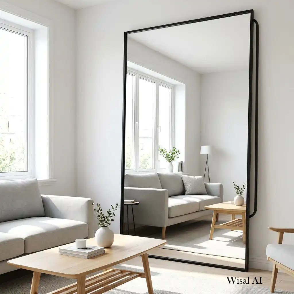 Elegant living room featuring a large mirror reflecting natural light beautifully.