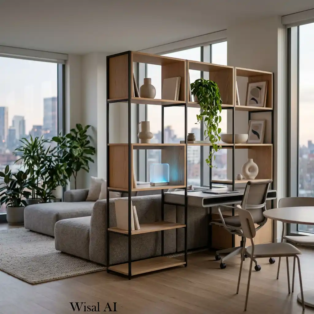 Open shelving units divide spaces while keeping light and flow