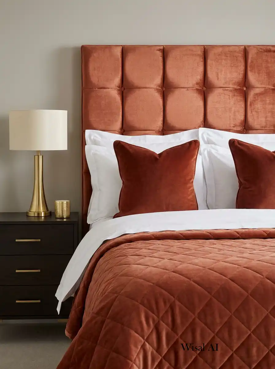 15. Velvet Luxe and Golden Accents  A Bold Terracotta Bedroom Idea