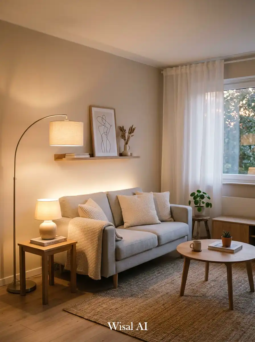 15. Warm Minimal Living Room with Soft Lighting