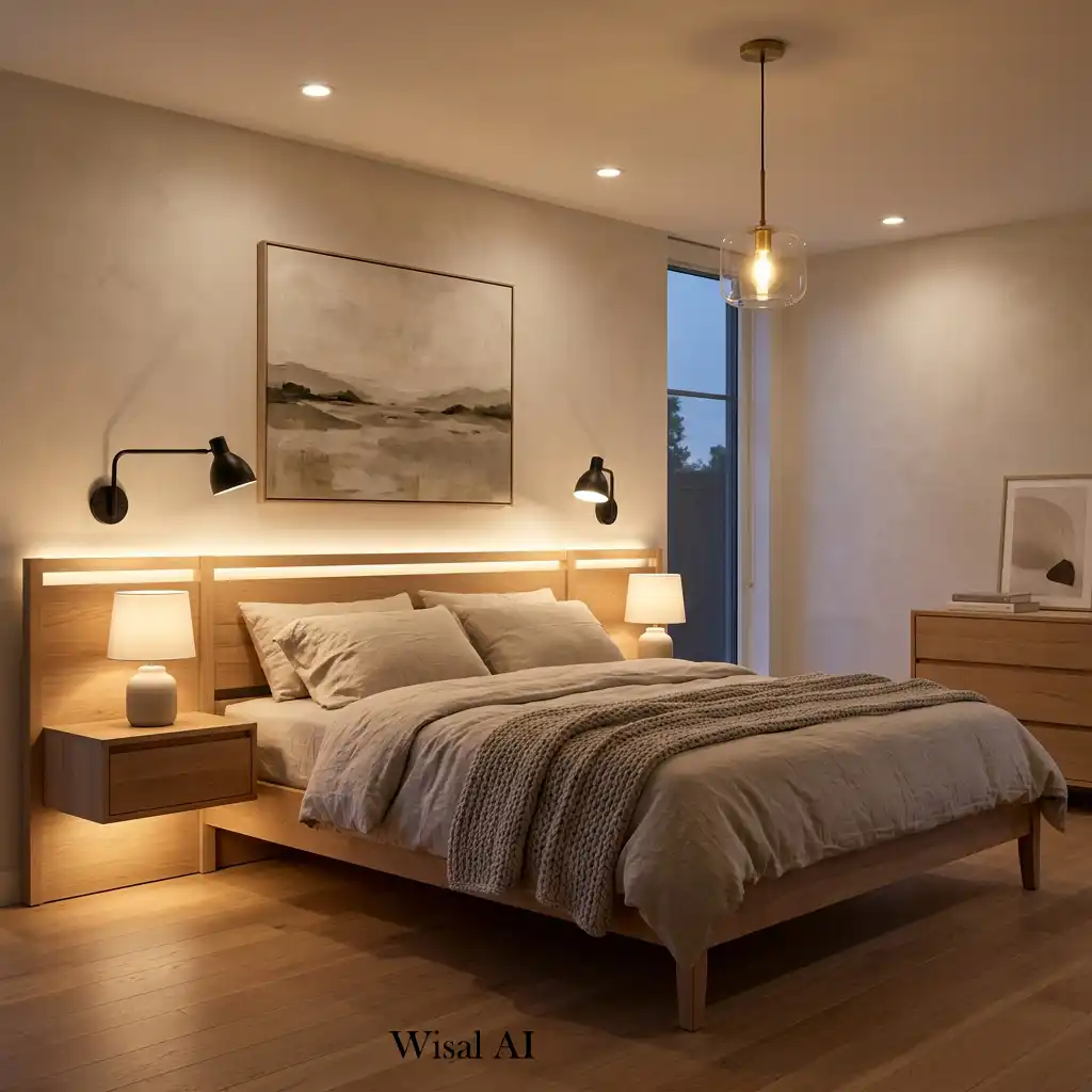 White oak bedroom illuminated by warm layered lighting and elegant wall sconces.