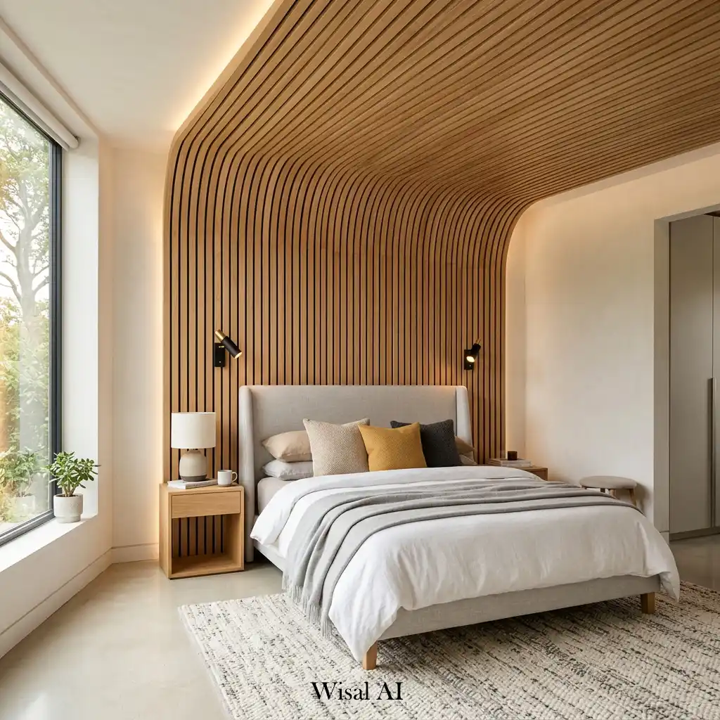 Wood slat wall extending onto the ceiling behind a luxury bed.
