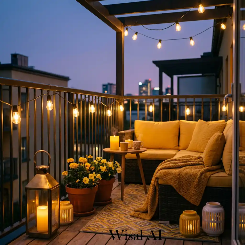 Evening yellow balcony with warm ambient lighting and cozy atmosphere