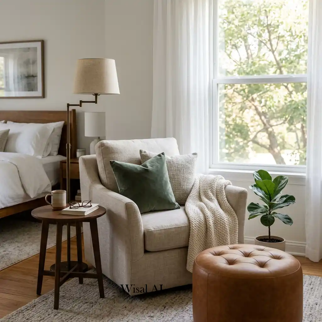 Cozy bedroom seating area with an upholstered chair beside a large window.