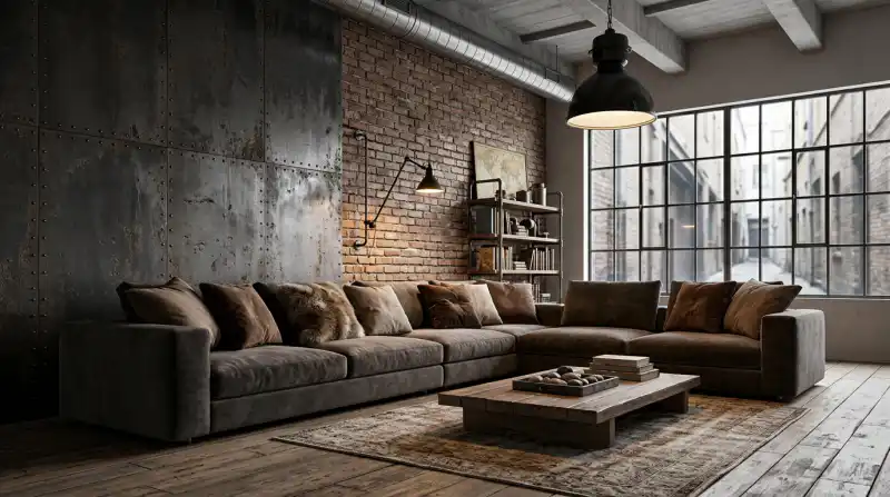 26. A Moody Industrial Living Room Idea: Distressed Metal, Reclaimed Wood, and Vintage Details