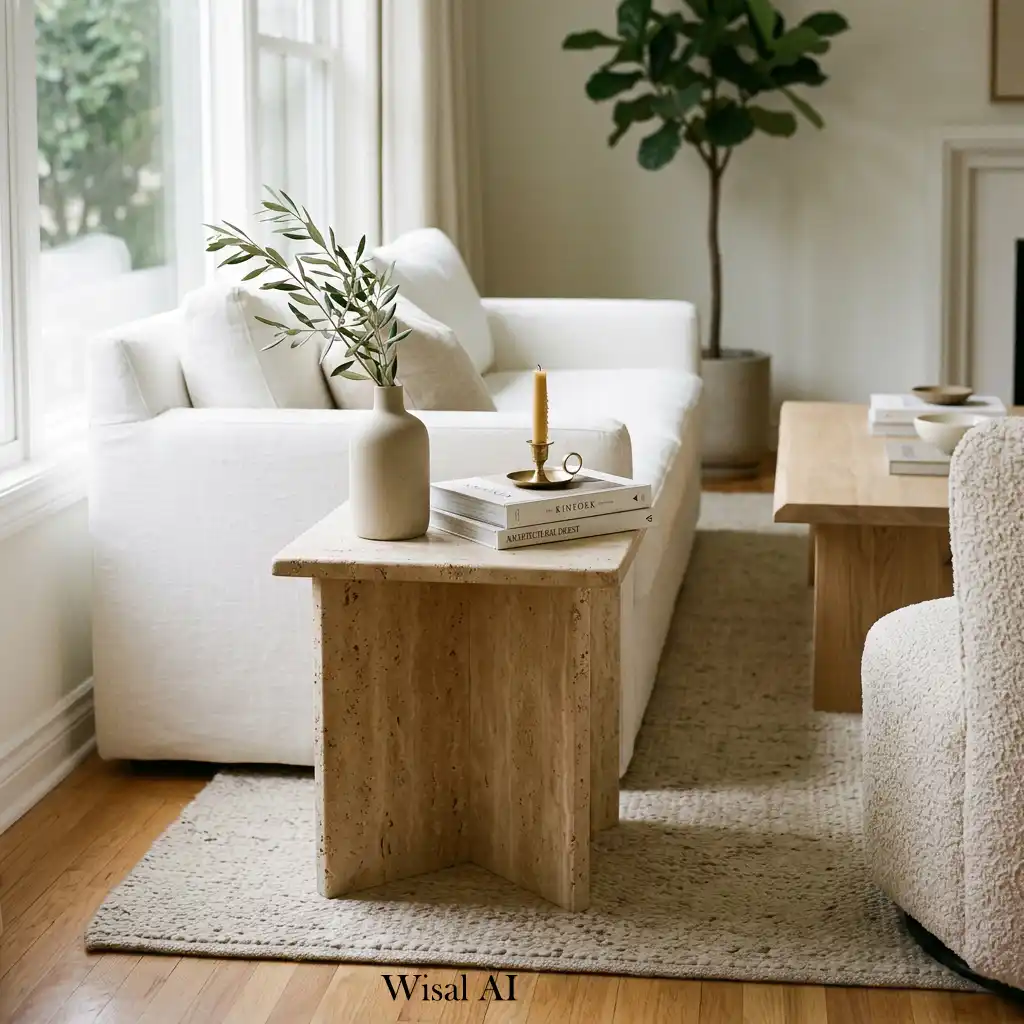 Travertine side table beside a modern linen sofa.