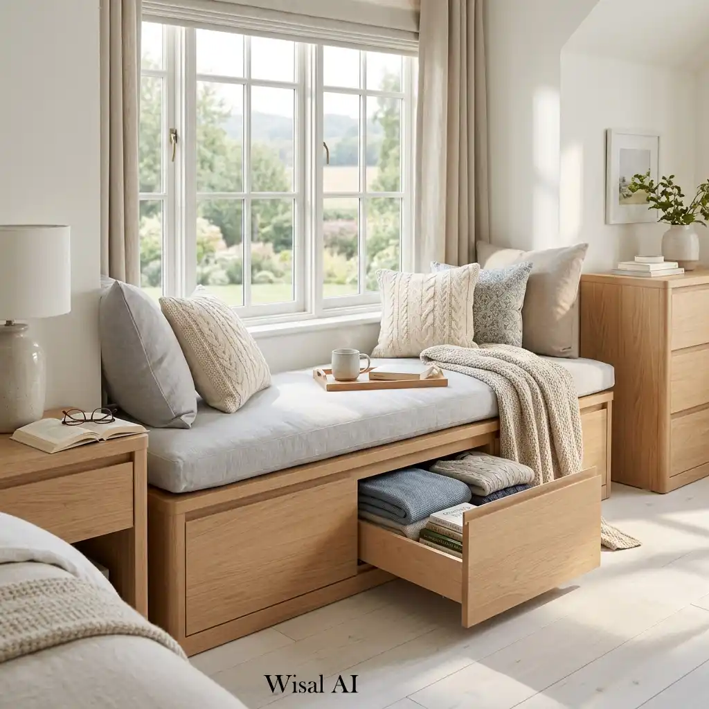 Built-in bedroom window seat with hidden storage and linen cushions.