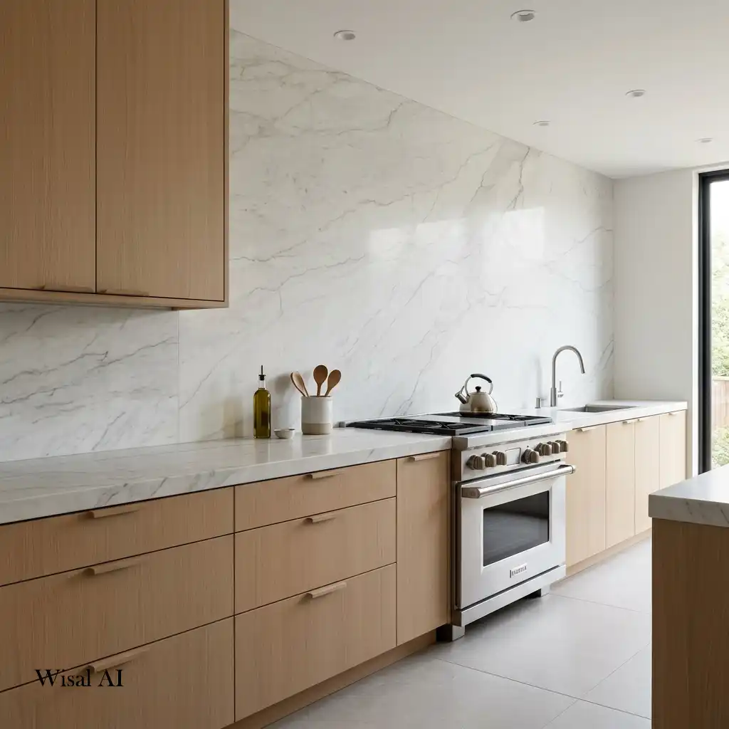 Luxury kitchen showcasing a full-height stone backsplash for a sophisticated custom design.
