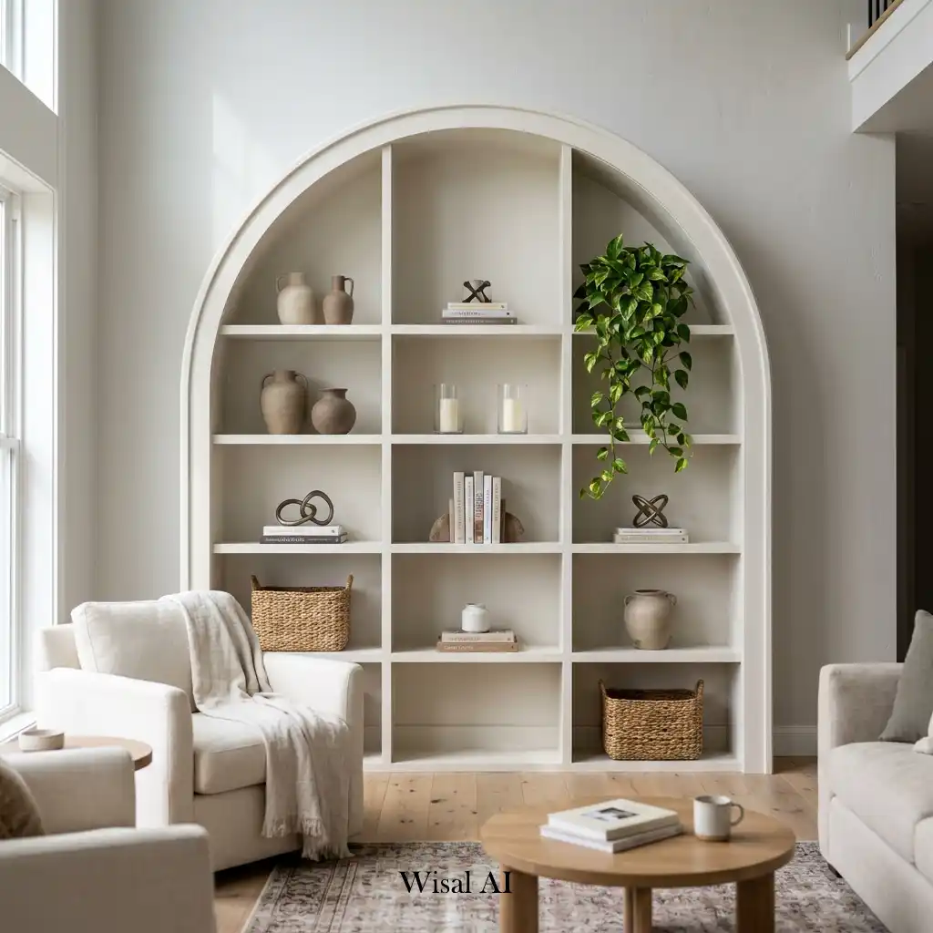 Modern living room with an arched bookshelf and carefully curated décor.
