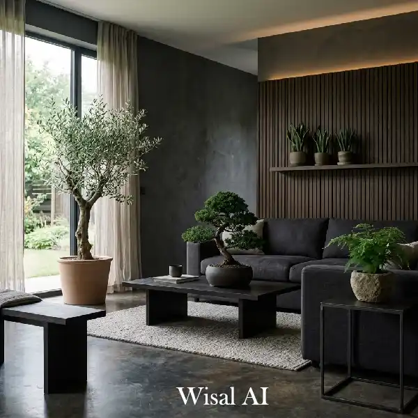Japandi living room with wooden accents and stone textures