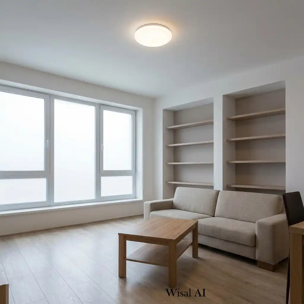 Living room with layered lighting and warm ambient illumination.