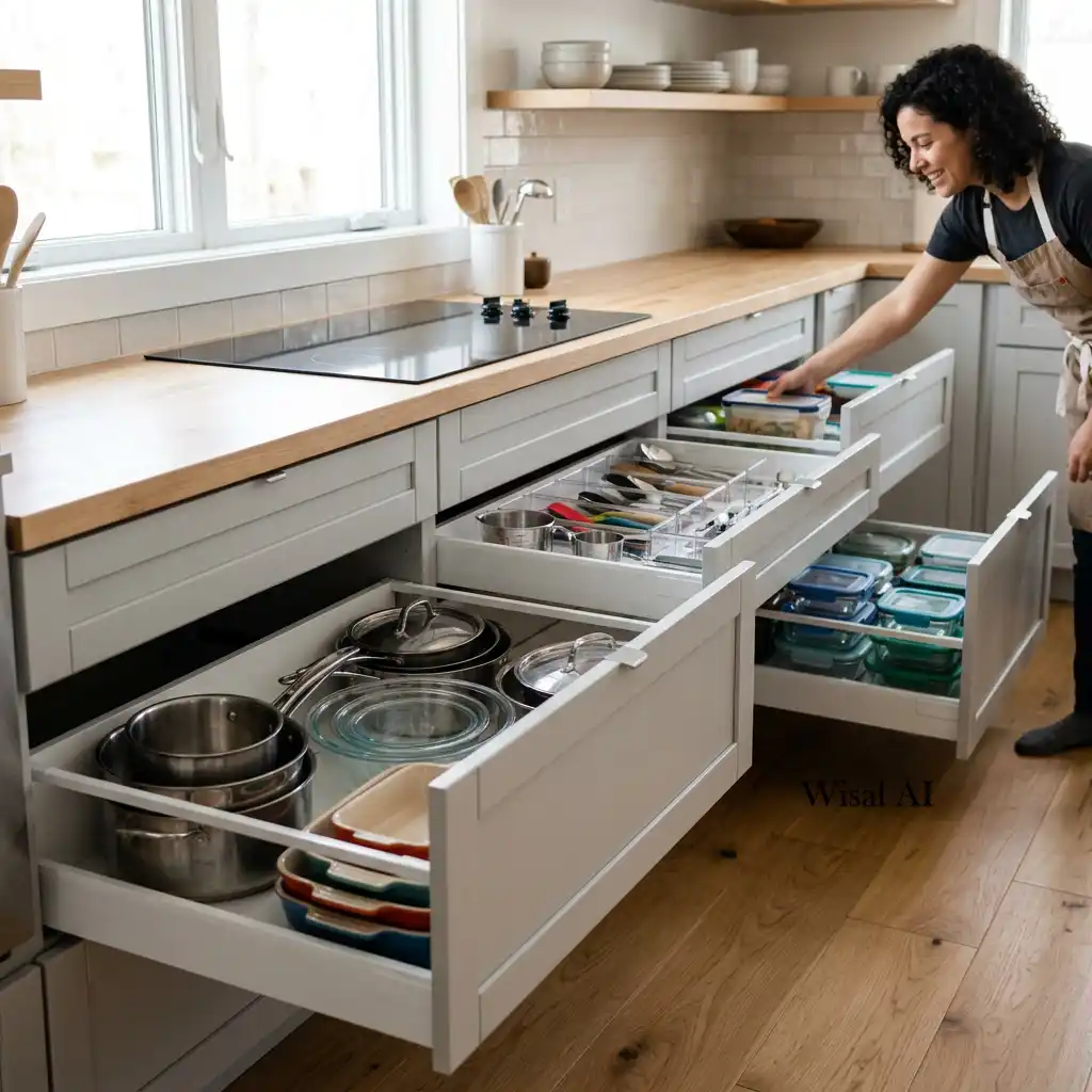 Modern kitchen featuring deep storage drawers for pots, pans, and cookware with organized drawer dividers.