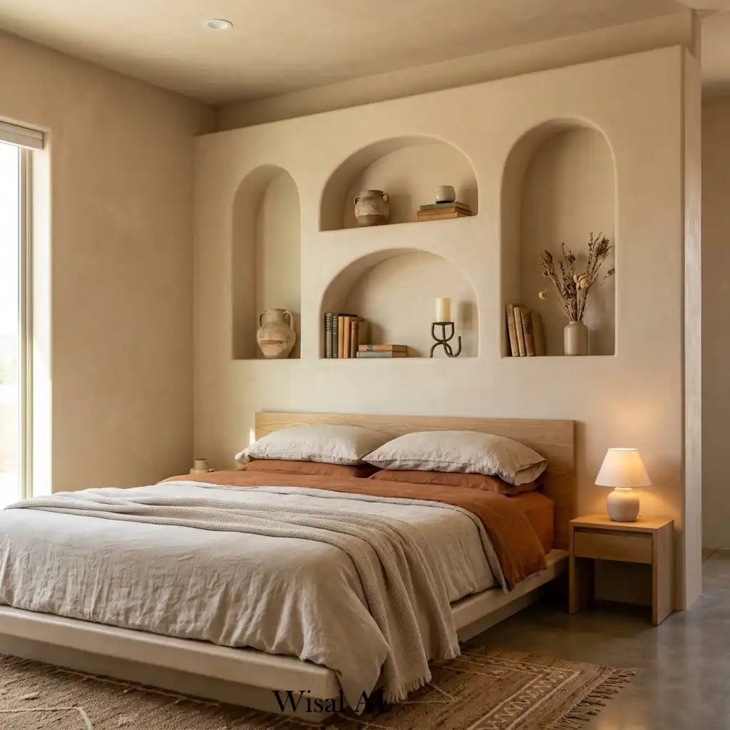 Arched wall niche with handcrafted ceramic decor