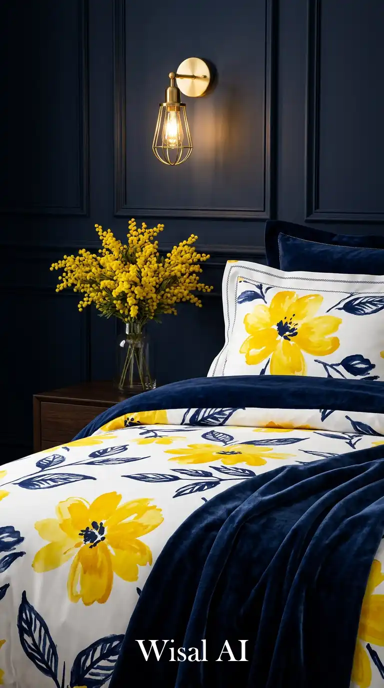 6. Artistic Navy Bloom: A Floral Blue and Yellow Bedroom Idea
