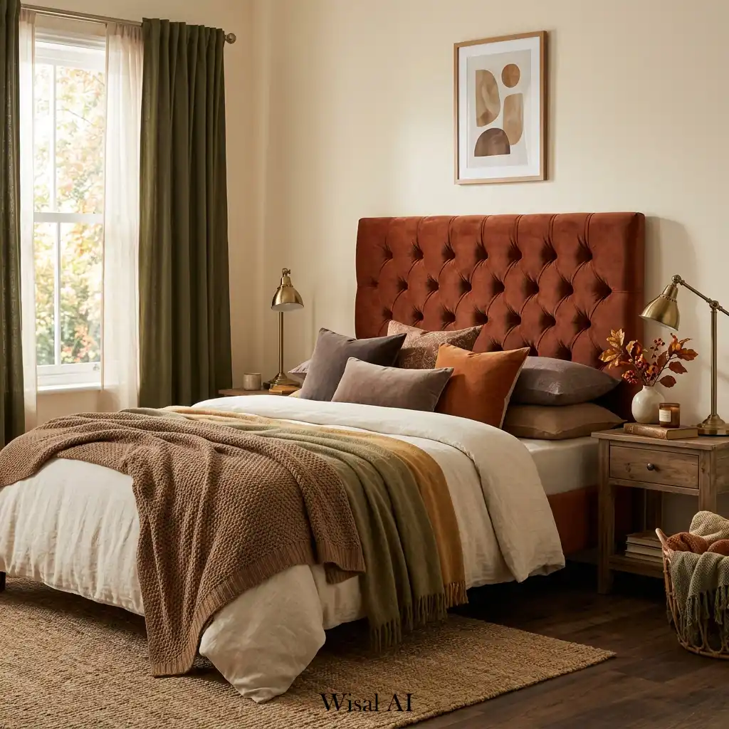 Velvet upholstered headboard in a luxurious autumn-inspired bedroom.