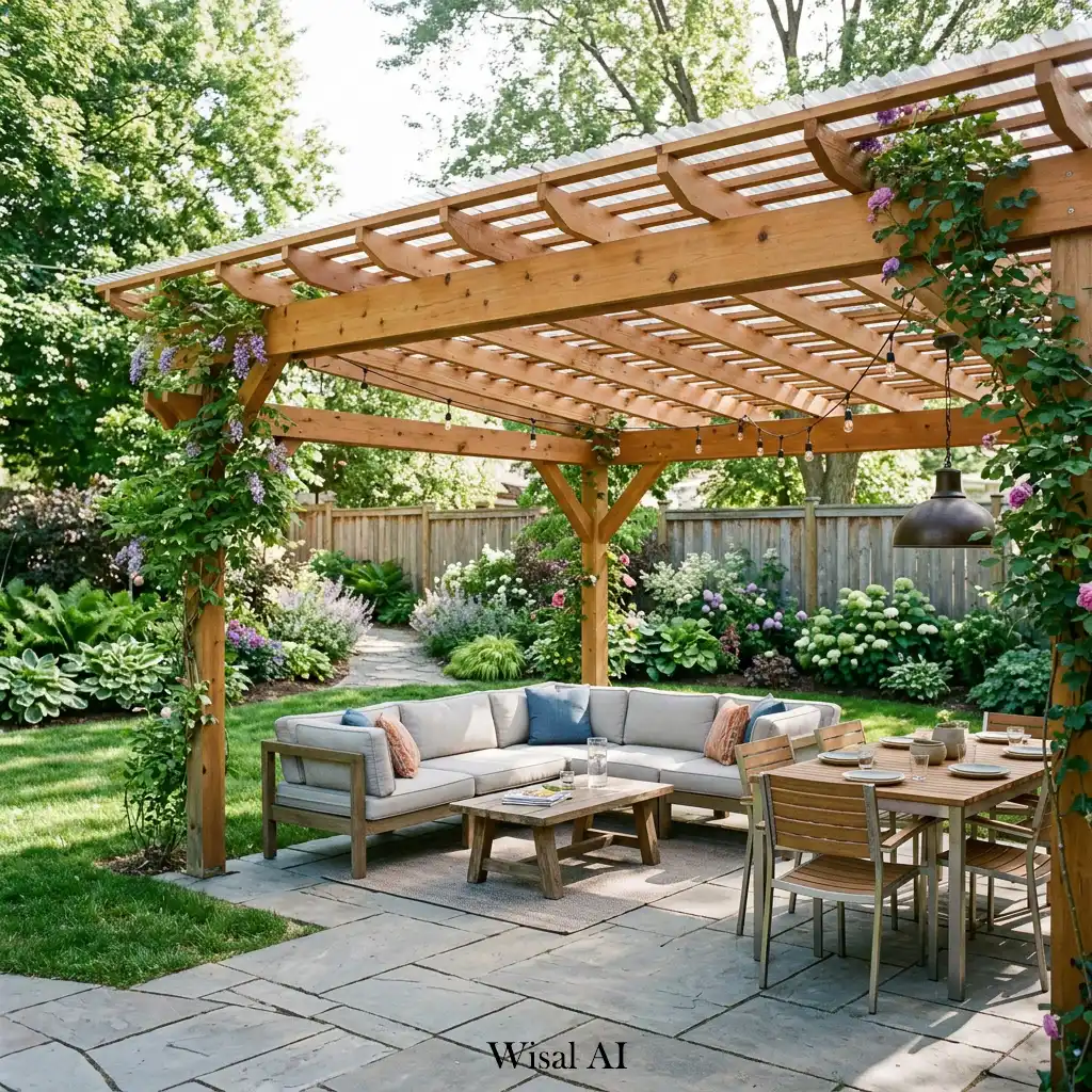 Modern backyard pergola providing shade over a stylish outdoor seating area