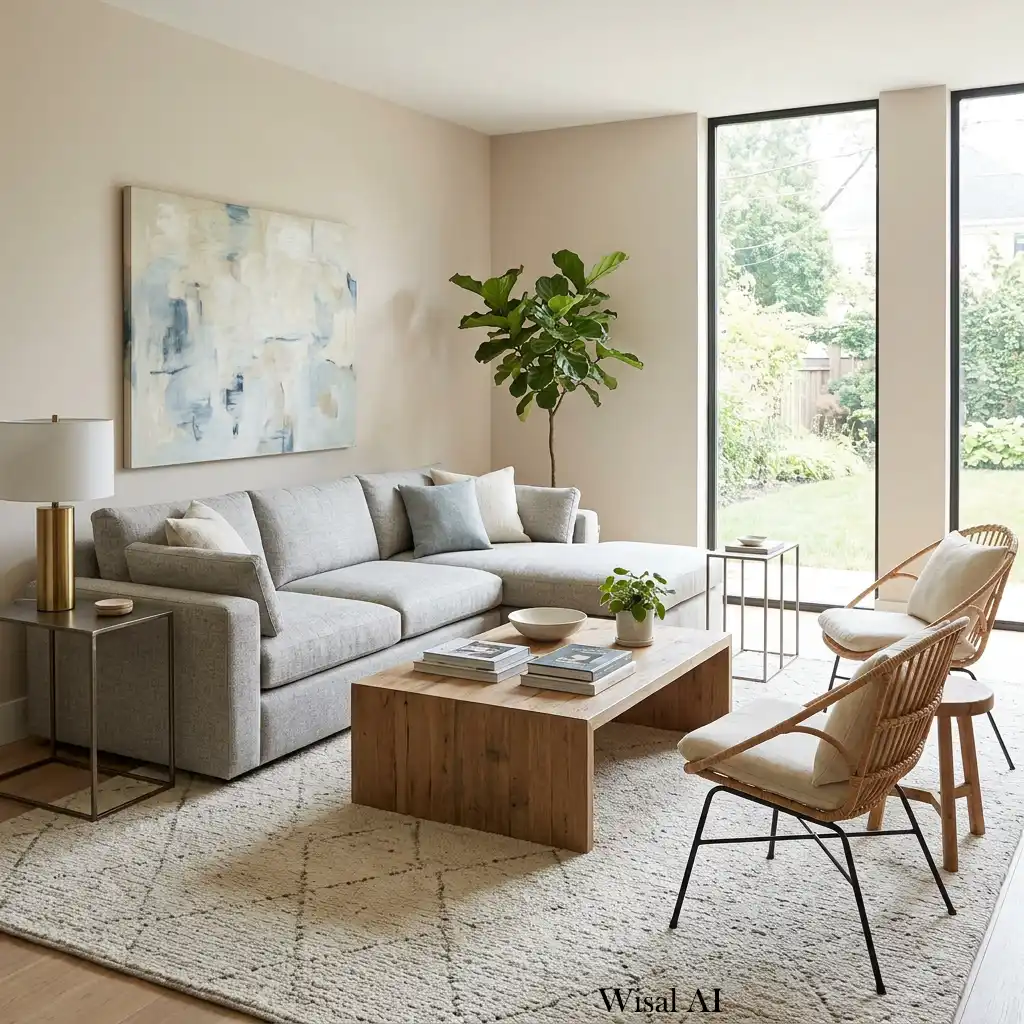 Contemporary living room balancing a large sofa with stylish accent chairs.