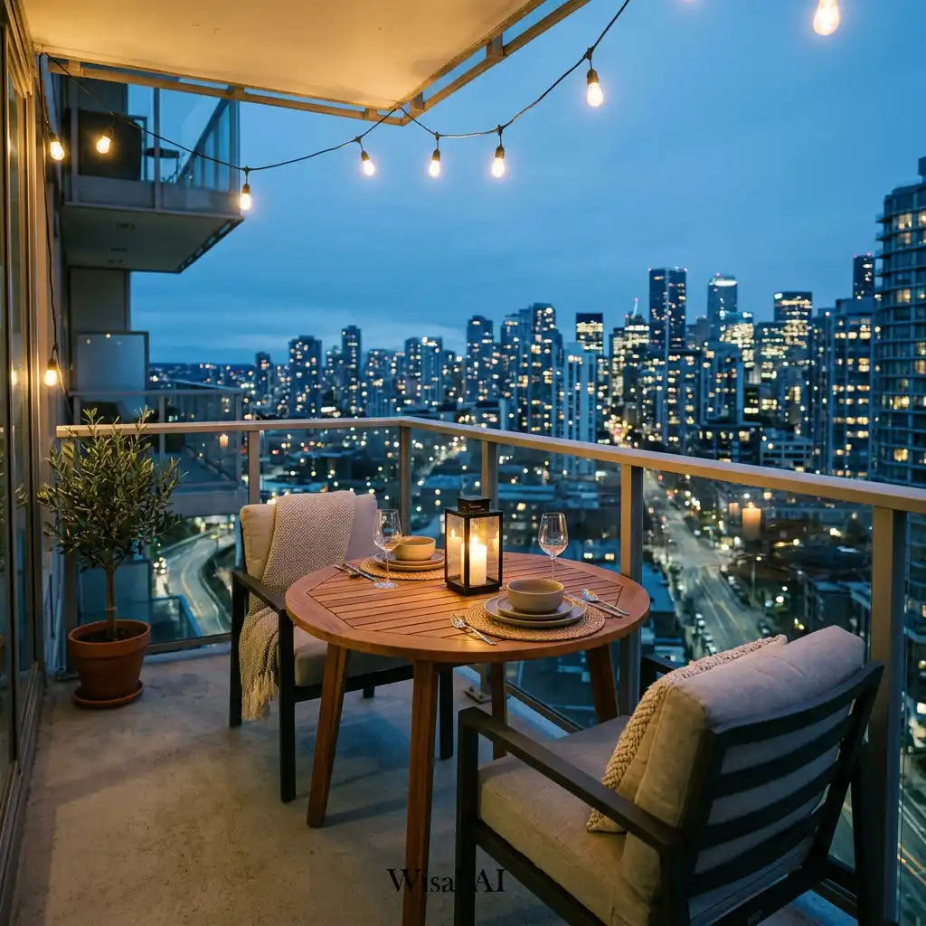 Outdoor dining balcony with stylish furniture overlooking a city skyline