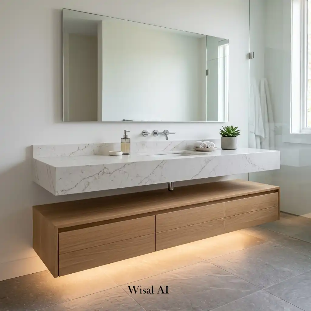 Floating quartz bathroom vanity with integrated storage and minimalist design.