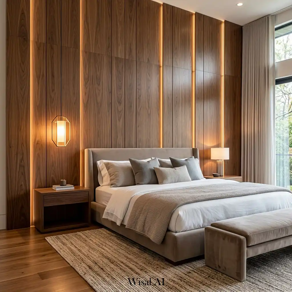 Bedroom with floor-to-ceiling walnut wall paneling and custom luxury details.