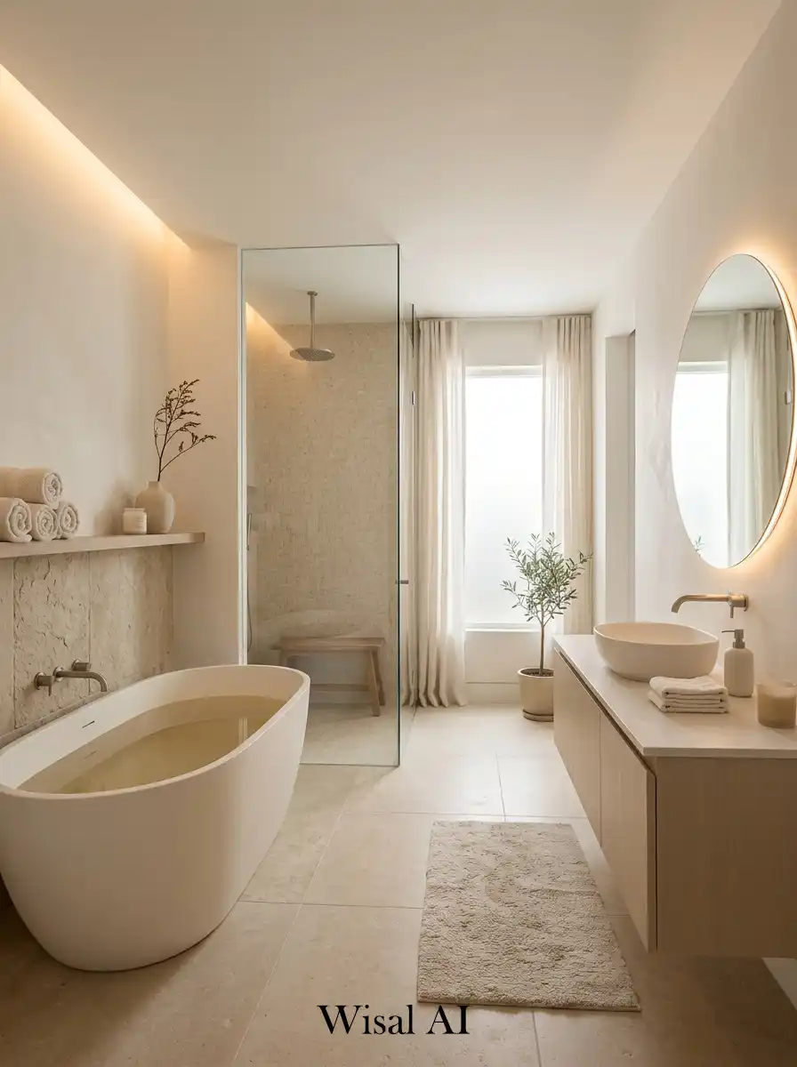 Neutral bathroom with beige tones and off-white finishes creating a relaxing spa feel.
