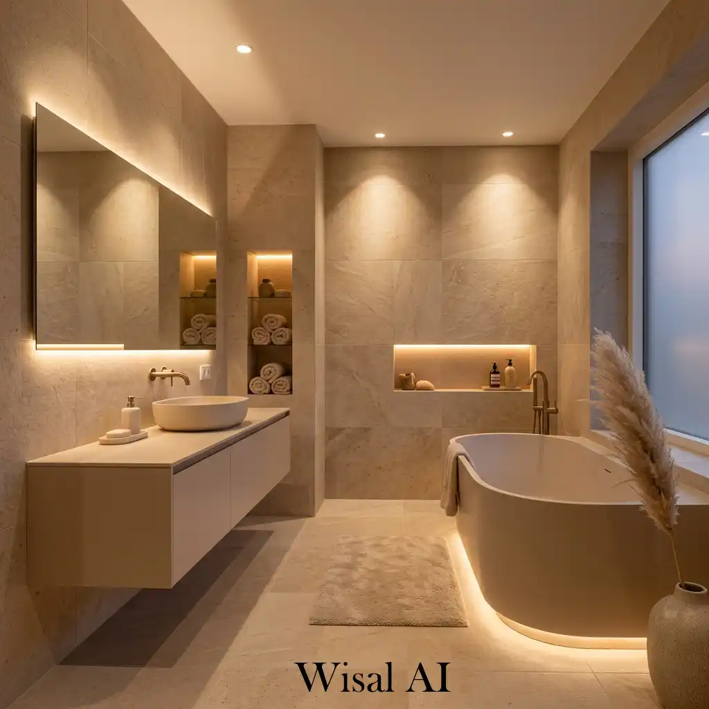 Beige bathroom with soft warm ambient lighting design