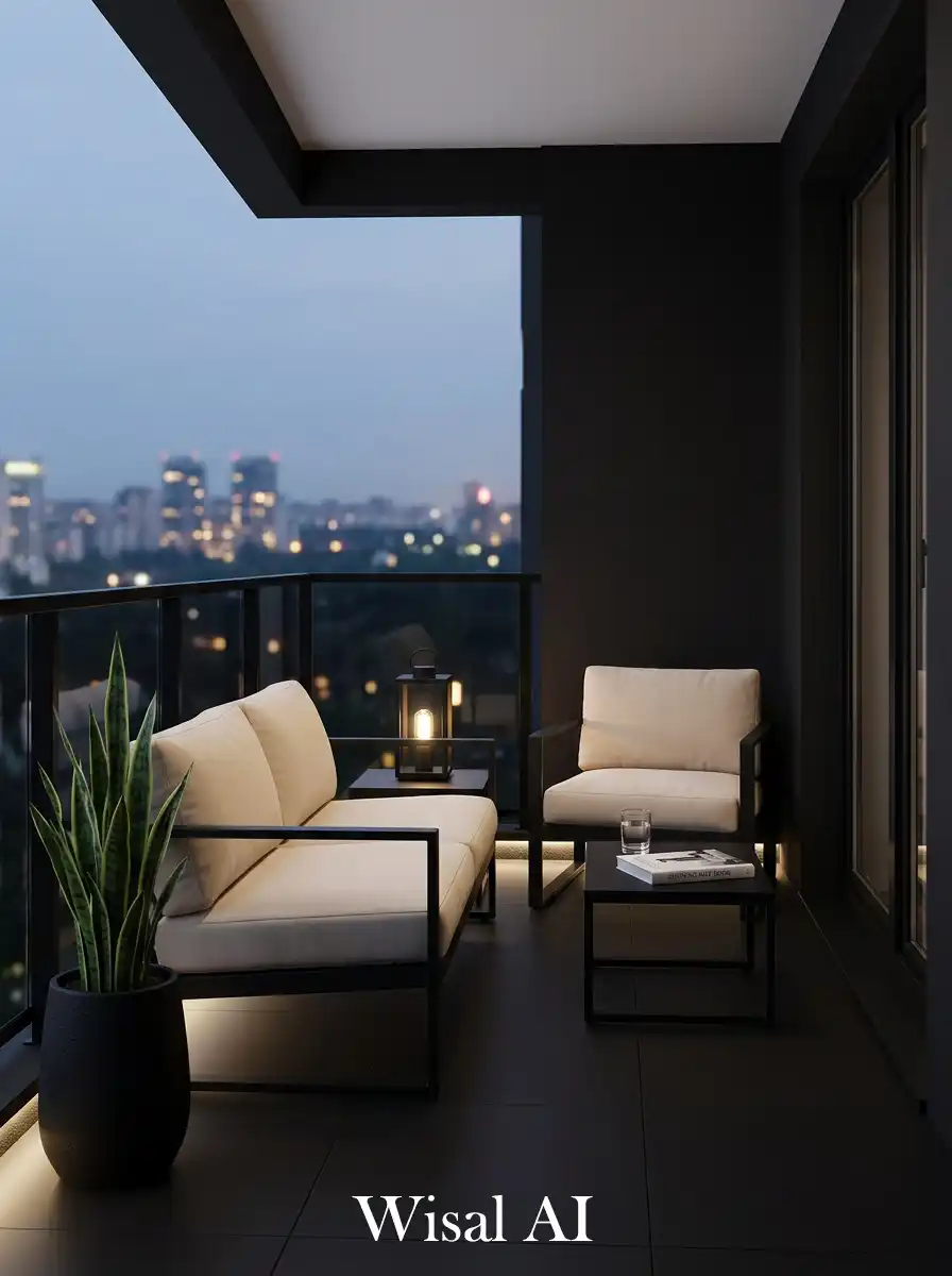 Luxury black balcony with minimal lounge seating and soft neutral cushions inspired by modern hotel terraces.