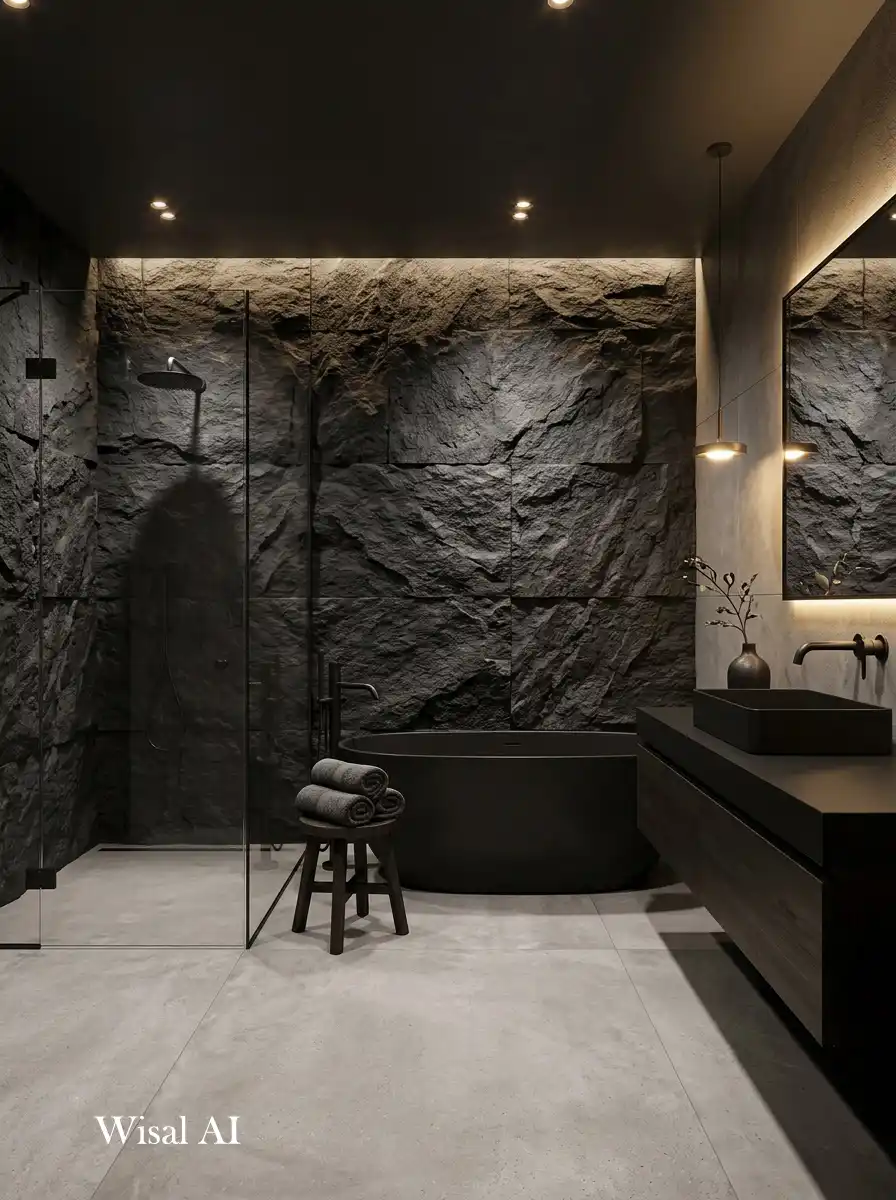 Luxury bathroom with textured black stone walls and soft lighting for depth and elegance.