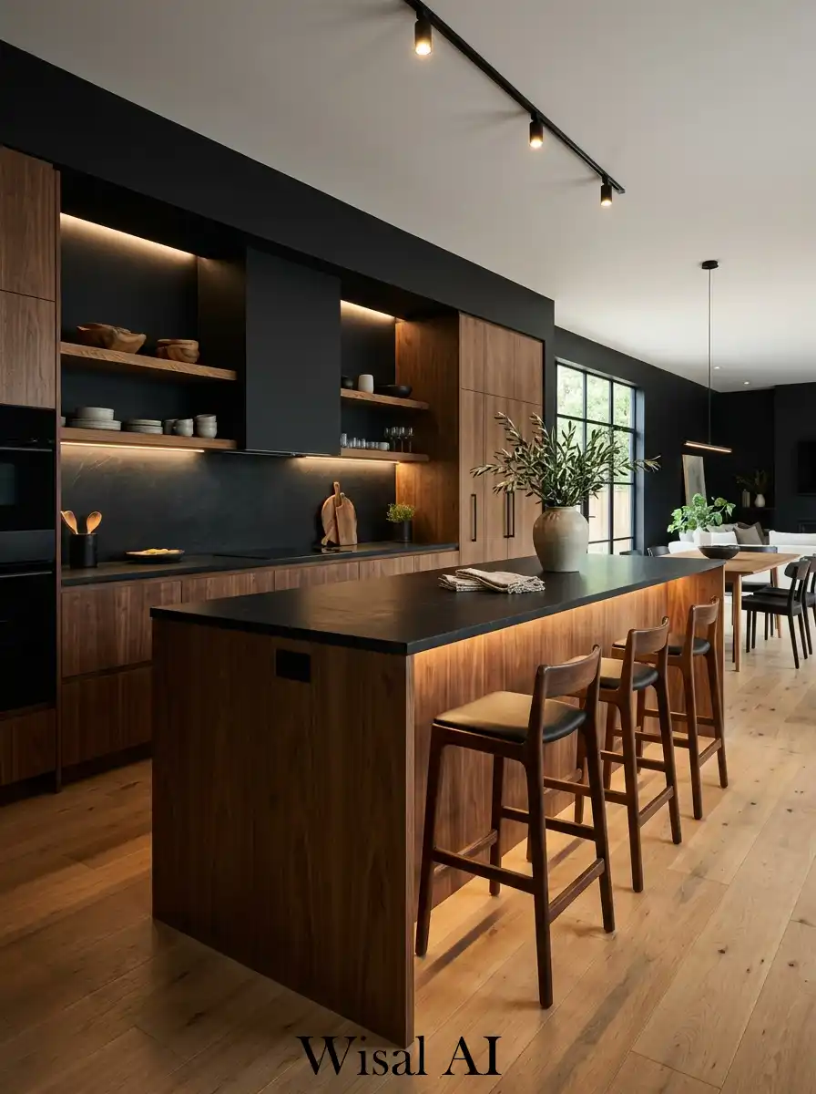 Modern kitchen with black walls wooden accents and warm ambient lighting luxury interior style.