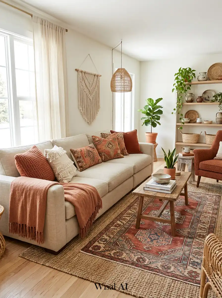 6. Boho Living Room with Terracotta Textiles Concept