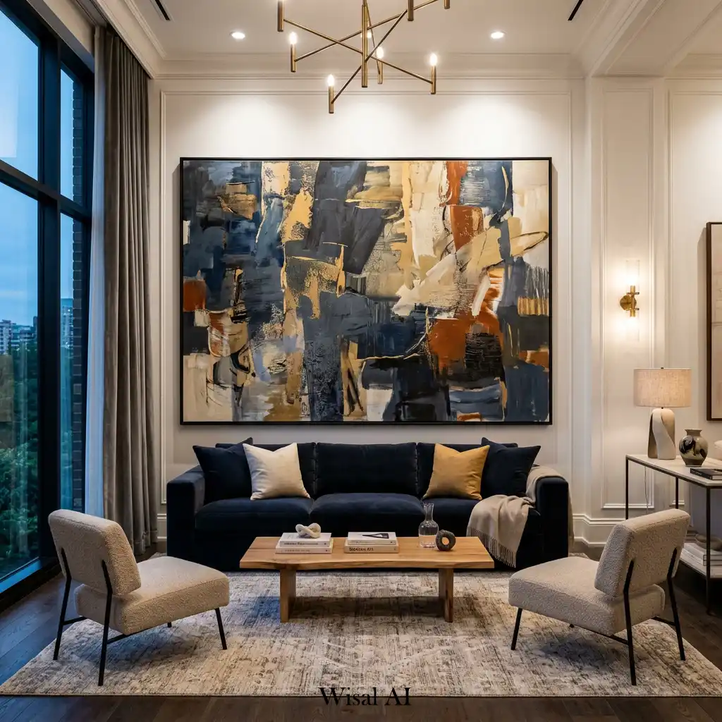 Luxury living room featuring oversized statement artwork and designer furnishings