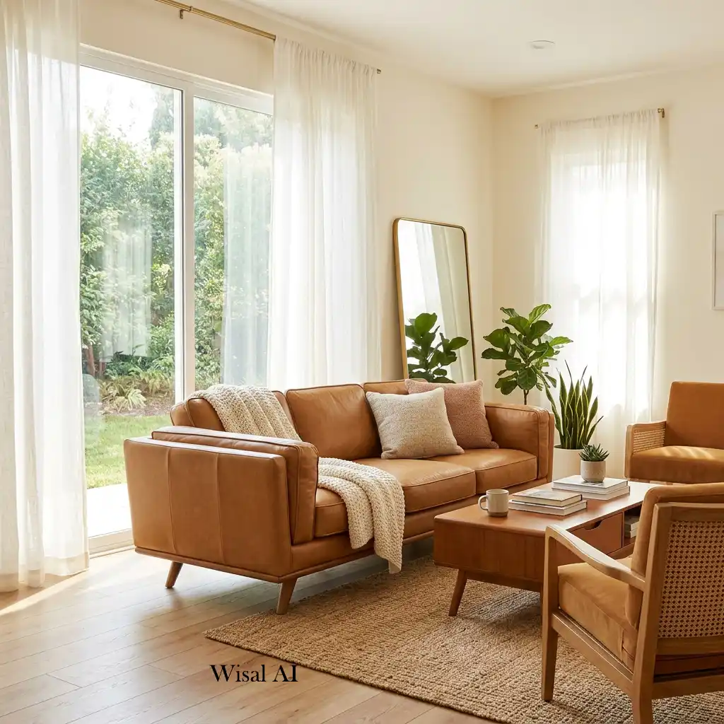 Bright caramel living room filled with natural light and soft curtains.