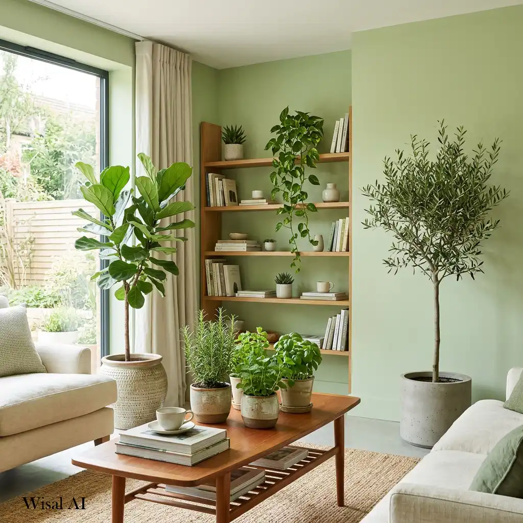 Fresh living room filled with indoor plants and soft green tones.