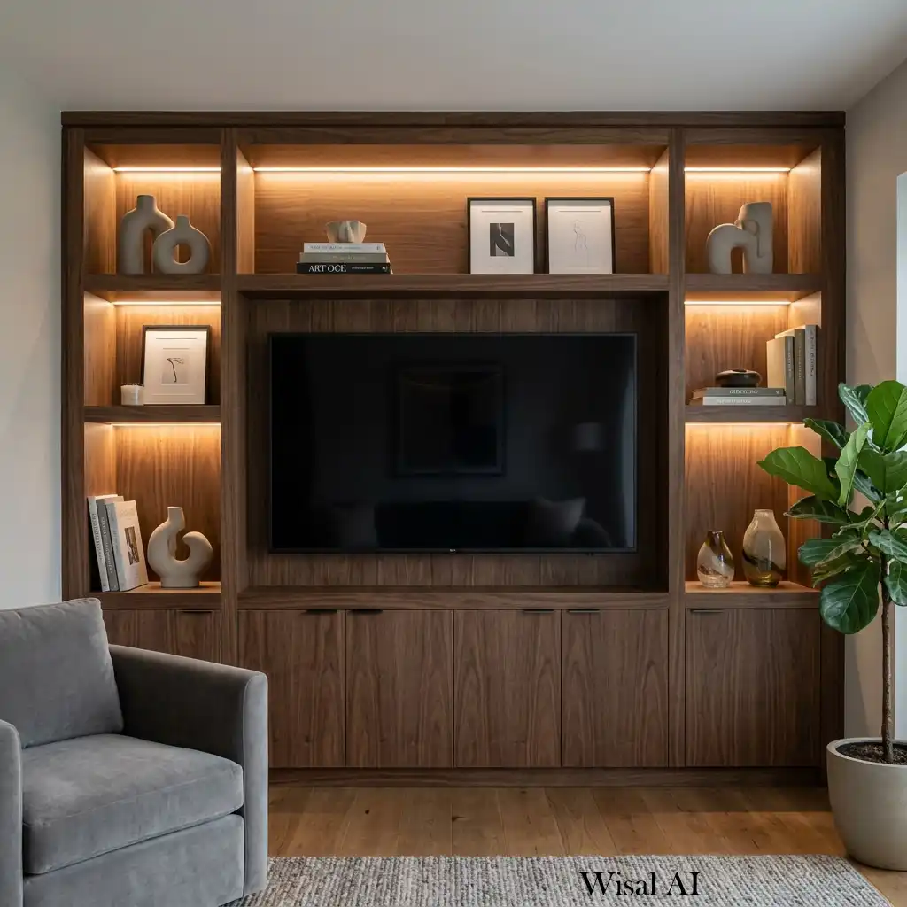 Built-in TV wall with illuminated open display niches and decorative shelving.