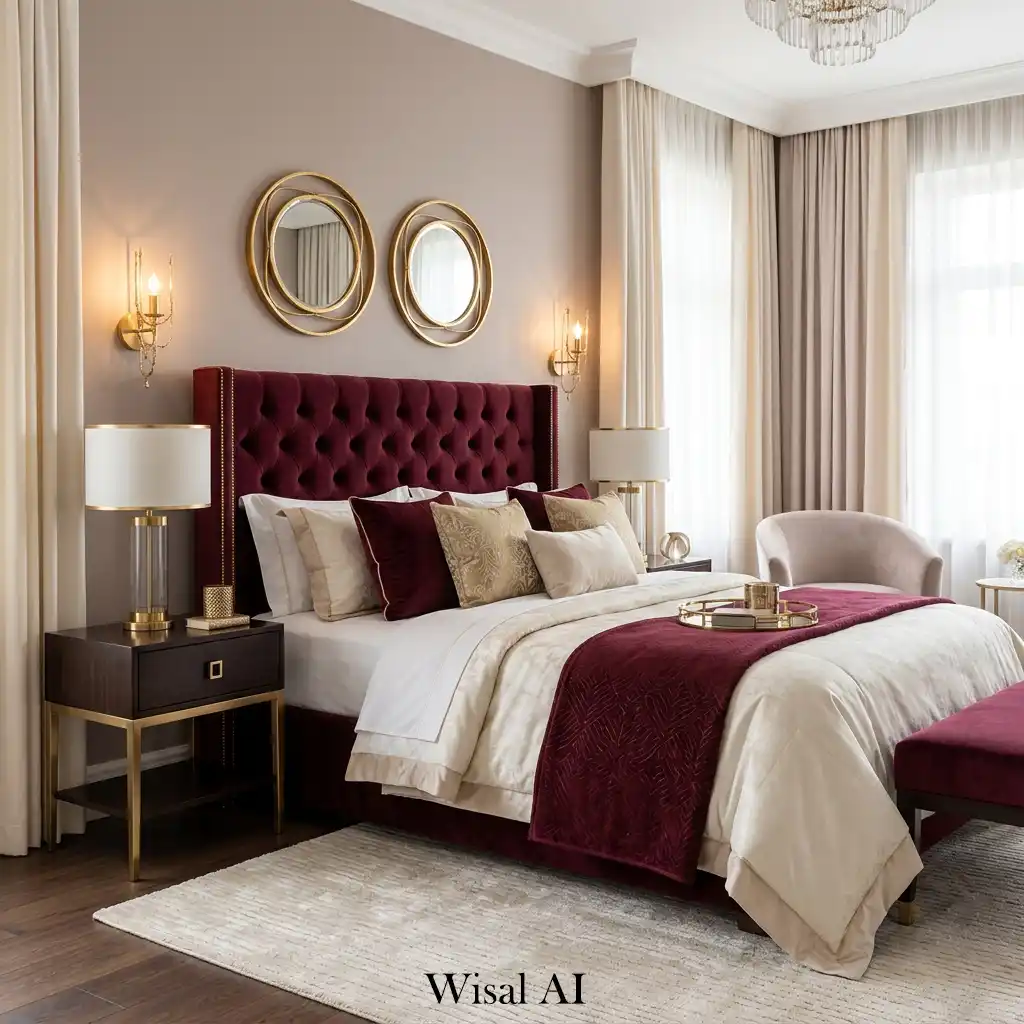 Burgundy and gold luxury bedroom with velvet headboard and brass lighting