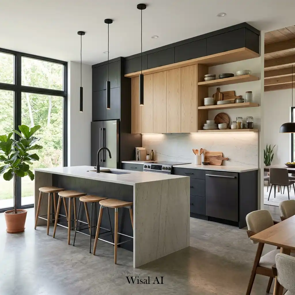 Contemporary charcoal kitchen combined with warm natural wood cabinetry
