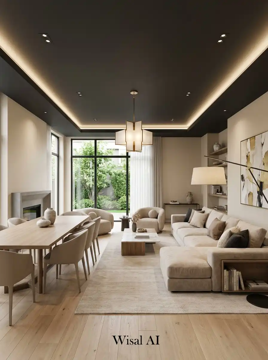 Modern living room with charcoal ceiling beige interior base and warm soft layered lighting atmosphere.