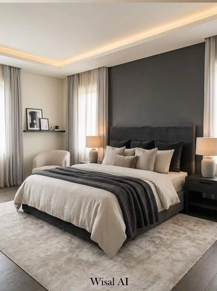 Layered bedroom design with charcoal gray and soft beige tones for a warm sophisticated atmosphere.