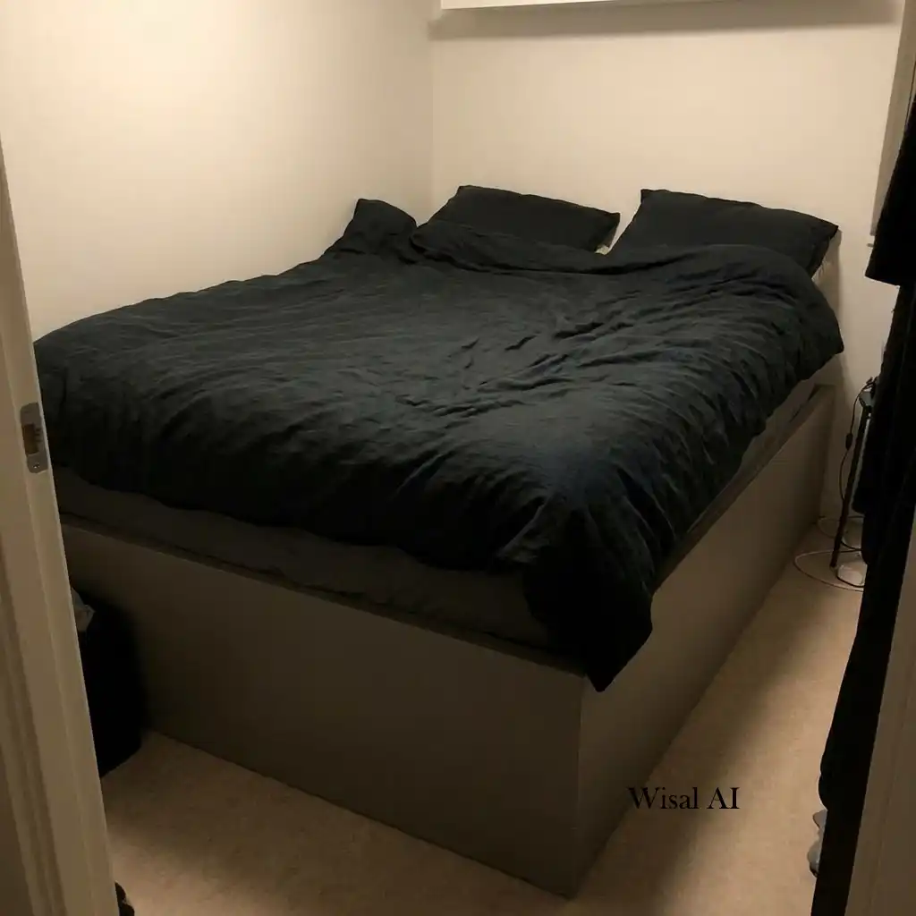 Contemporary bedroom featuring a raised bed frame with visible legs for a lighter look.