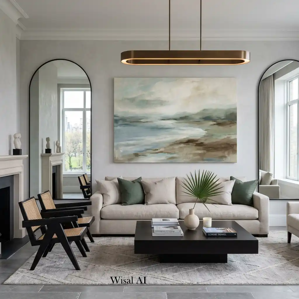 Contemporary living room with oversized abstract wall art above the sofa.
