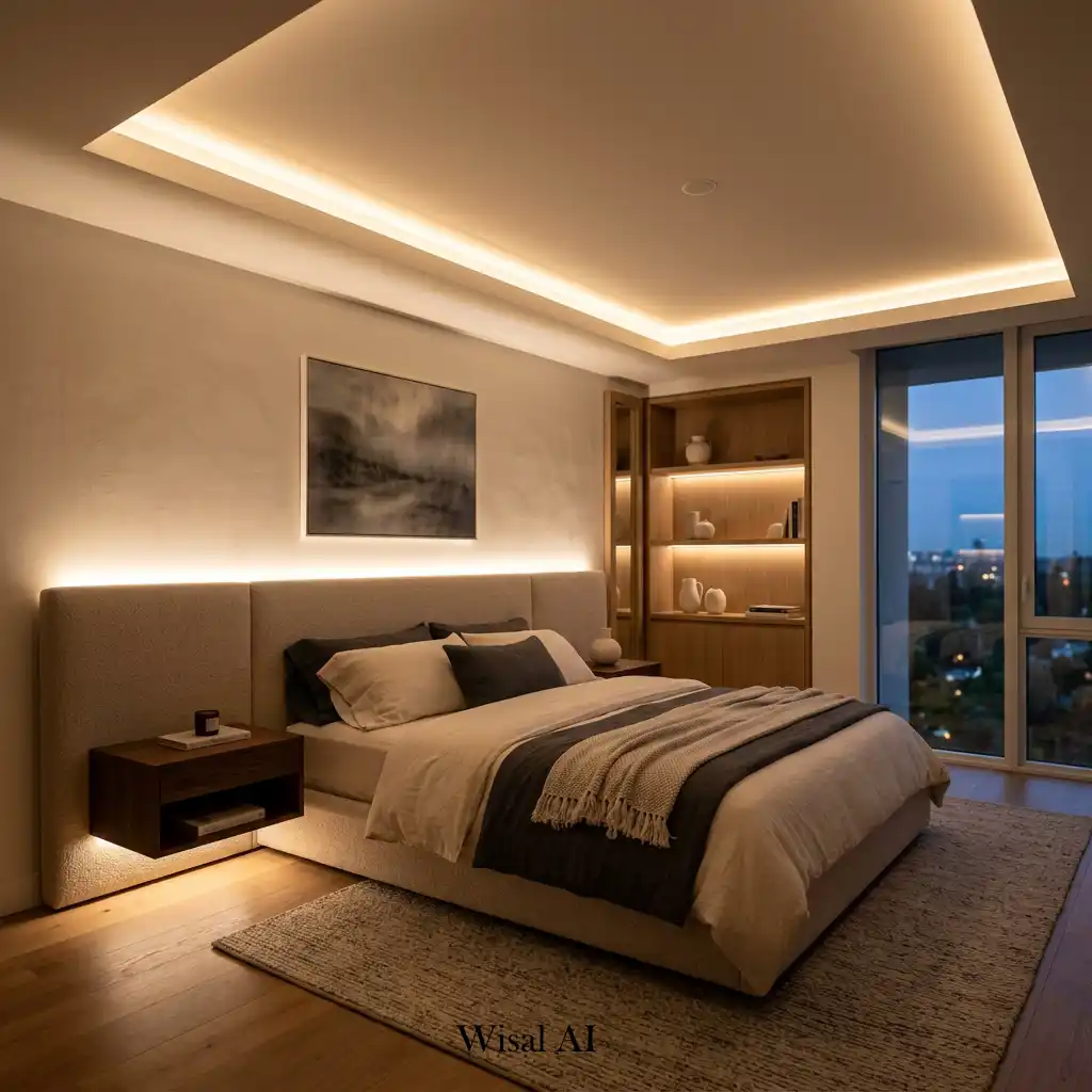 Luxury bedroom featuring integrated LED lighting and architectural design details