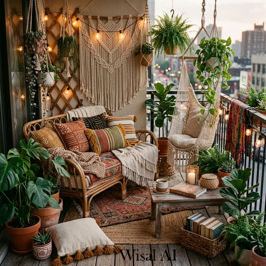 Boho balcony retreat featuring woven textures and hanging plants