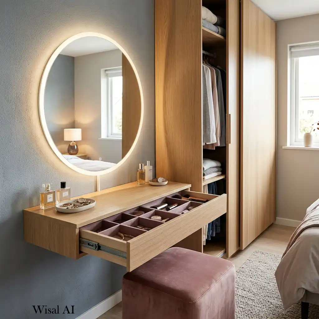 Elegant bedroom dressing area with a floating vanity and illuminated mirror.