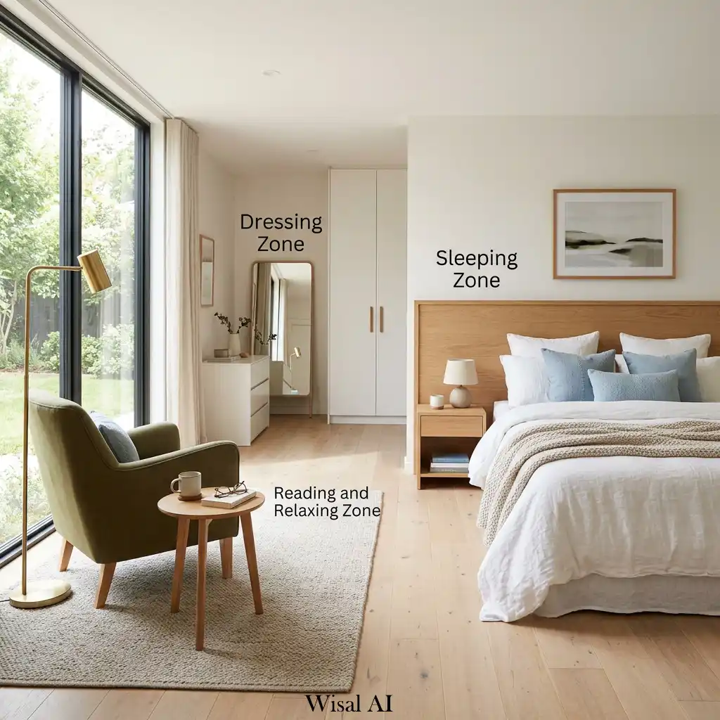 Functional bedroom layout designed for sleeping, dressing, and relaxing comfortably.