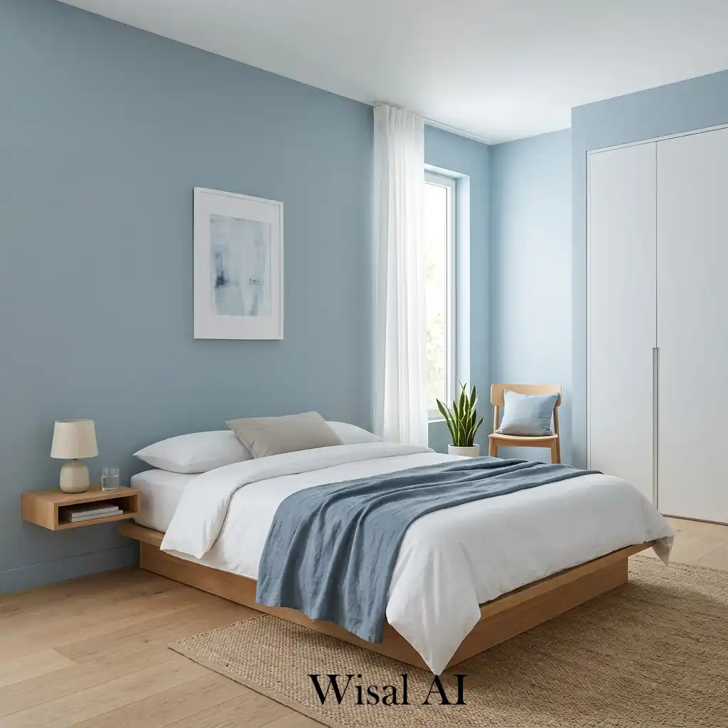 Minimal blue bedroom with clean and simple interior design