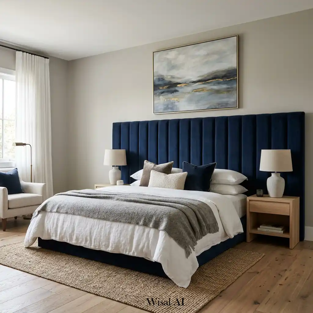 Modern bedroom showcasing a statement upholstered headboard as the luxurious focal point.
