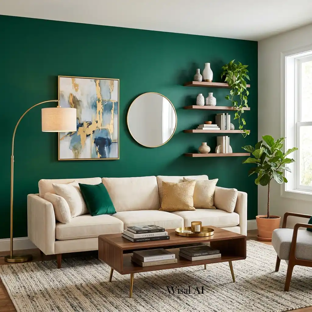 Contemporary living room with a bold emerald green accent wall.