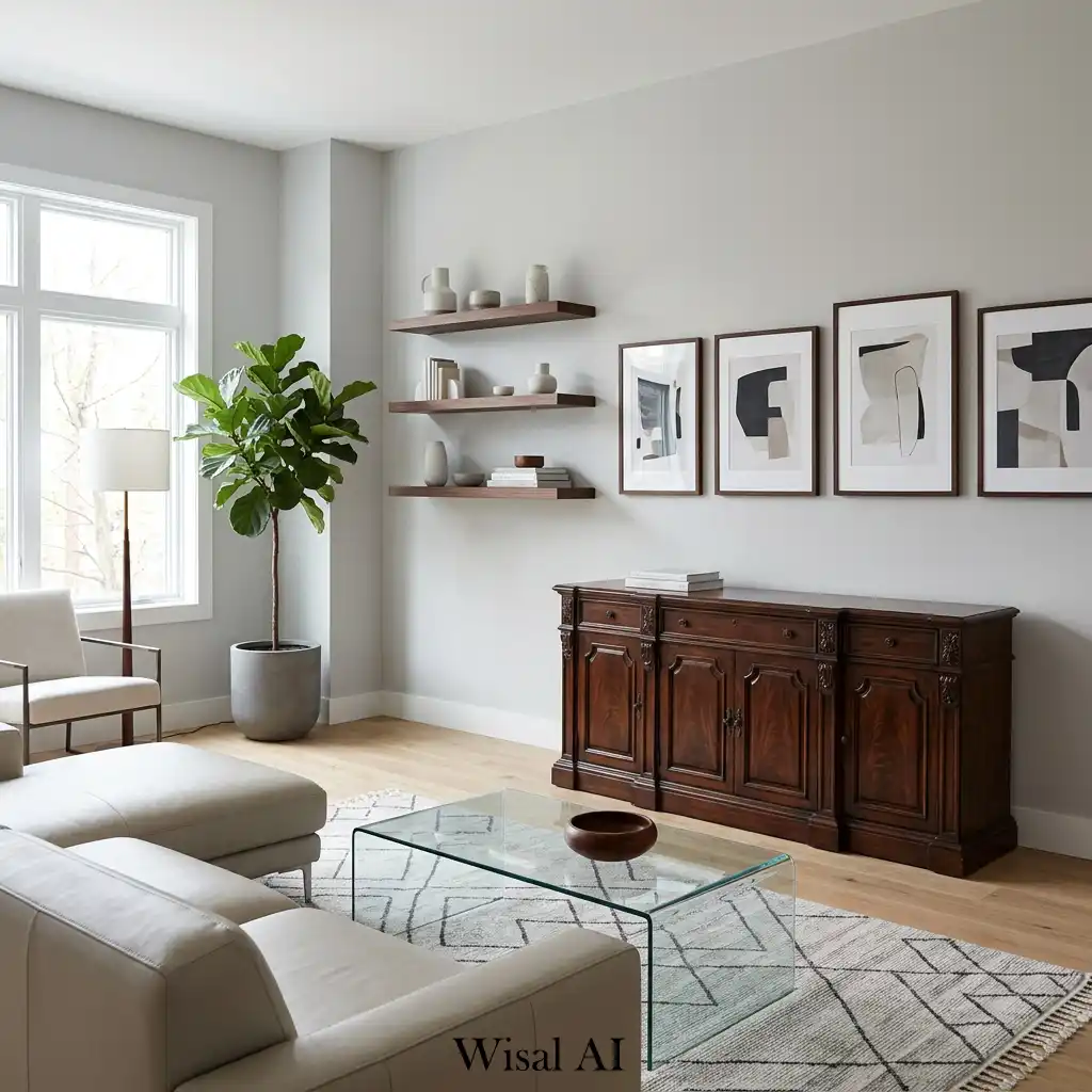 Cozy living room blending antique wooden furniture with modern neutral seating